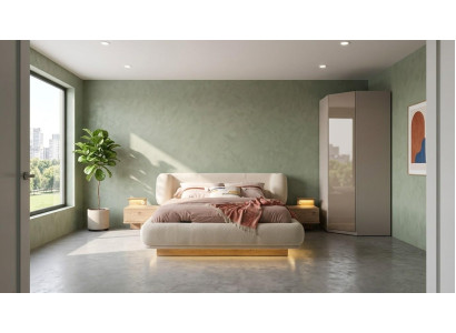 Bett 2x Nachttische Eckschrank Schlafzimmer Stil modern beige praktisch