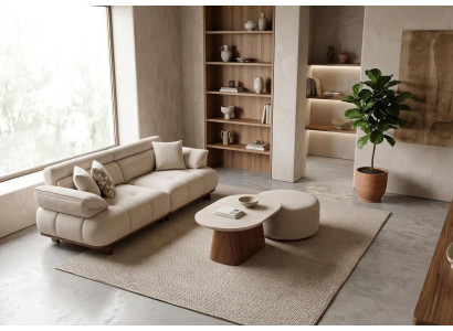 Sofa Set 3tlg Couchtisch Hocker Japandi Beige Modern Polster Garnitur