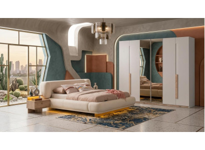 Bett 2x Nachttische Garderobenschrank Schlafzimmer Stil modern beige