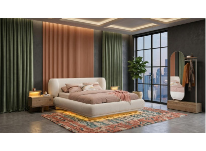 Bett 2x Nachttische Spiegel Schlafzimmer Stil modern beige komfortabel
