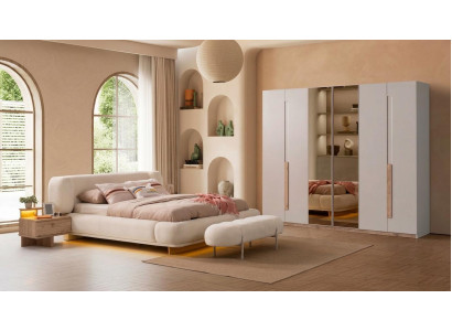 Bett 2x Nachttische Bank Garderobenschrank Stil modern beige bequem