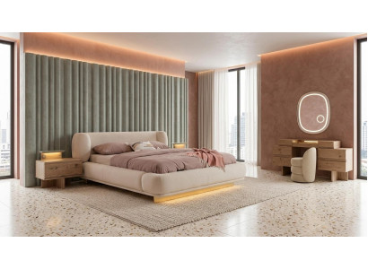 Bett 2x Nachttische Schminktisch Spiegel Pouf Stil modern beige bequem
