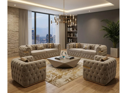 Moderne Beige Chesterfield Garnitur Wohnzimmer Sofas Loungesessel