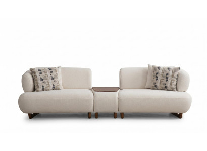 3-Sitzer Sofa Modern Beige Bouclé Holz Design Couch Modultabelle