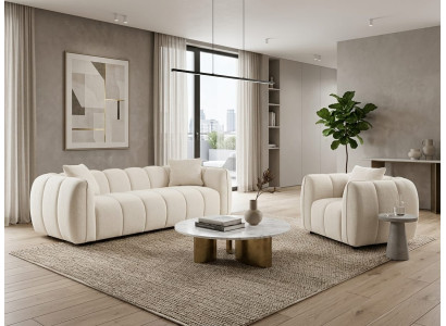 Stilvolles beige Wohnzimmer-Set 3+1-Sitzer-Sofas Stoffsofa Sessel Wohnzimmer