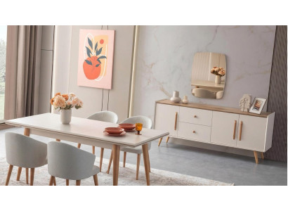 Esszimmer Set Esstisch 4x Stühle Sideboard Spiegel Modern Beige Hell