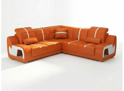 Orangefarbenes L-förmiges Ecksofa aus Leder LED Sofa mit Ablagen Wohnzimmer *
