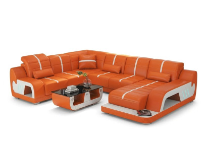 Orangefarbenes U-förmiges Ecksofa aus Leder Couchtisch luxuriös *