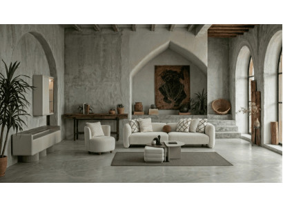 Beiger Wohnzimmer-Set Viersitzer-Modulsofa sessel Couchtisch Hocker Moderner