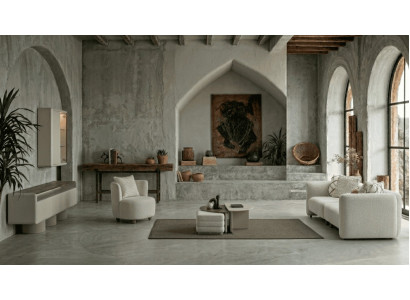 Beiges Wohnzimmer-Set: 3-Sitzer-Modulsofa Couchtisch Hocker TV Möbel Elegantes