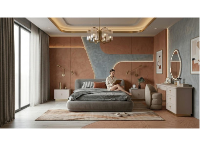 Bett 2x Nachttische Schminktisch Spiegel Pouf Stil modern grau bequem