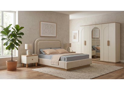 Schlafzimmer Set Beige Modern Skandi Bett Nachttische Kleiderschrank
