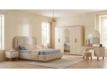 Schlafzimmer Set Beige Bett Nachttische Kleiderschrank Spiegel