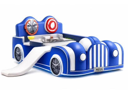 Blau-weißes Kinderbett mit Rutsche und LED auf Rädern Auto-Bett