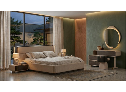 Bett Nachttische Schminktisch Spiegel Pouf Stil modern beige praktisch