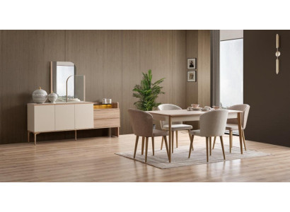Beiges  Esszimmer-Set Esstich Stühle Sideboard Spiegel Modern Elegant