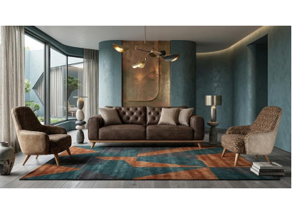Sofa Braun Chesterfield  mit Zwei Lounge Sesseln Holzbeine