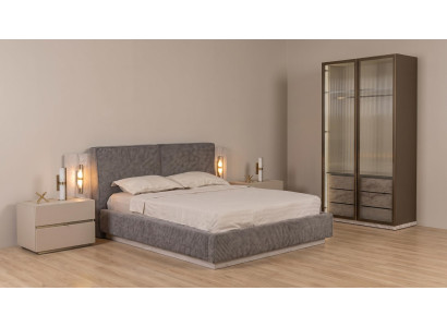 Modern Schlafzimmer Set Grau Bett 2 Nachttische Schrank System Luxus