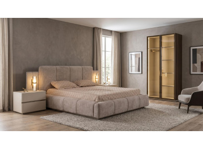 Modern Schlafzimmer Set Beige Bett 2 Nachttische Schrank System Luxus