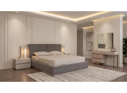 Modern Schlafzimmer Set Grau Bett Kommode Spiegel Luxus Design bequem