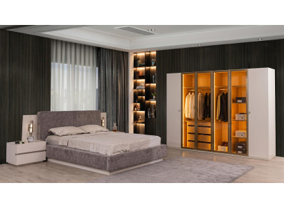 Schlafzimmer Set Modernes Grau Bett Nachttische(2x) Kleiderschrank Luxus