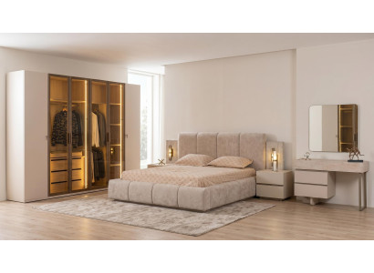 Schlafzimmer Set Modernes Beige Stauraumbett Stoff Bett Luxus Design