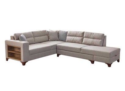 Großes Ecksofa Beige Stoff L-Form Couch mit Ablage Eleganter Polstermöbel