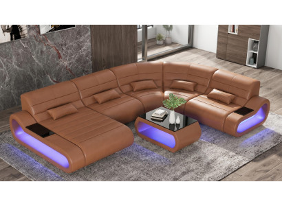 Modern Wohnlandschaft U-Form Couchtisch Braun LED Sofa Set Premium *