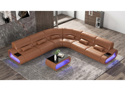 Modern Ecksofa L-Form Couchtisch Braun LED Sofa Couch Luxus Premium *