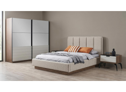 Schlafzimmer Set Modern Bett Kleiderschrank Nachttische(2x) Beige Luxus
