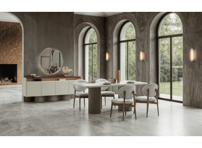 Beiges Esszimmer-Set  Esstisch Esszimmerstühle Sideboard Wandspiegel Design-Stil