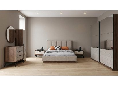 Schlafzimmer Set Modernes Doppelbett Nachttische(2x) Kommode mit Spiegel