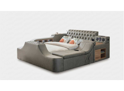 Luxus Chesterfield Multifunktionsbett Grau mit TV-Lift Stauraum und Lautsprecher