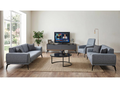 Wohnzimmer Set 2×3‑Sitzer + Sessel + Couchtisch + TV-Möbel, Modern, Grau