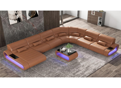 Modern Wohnlandschaft U-Form Couchtisch Braun LED Sofa Set Premium *