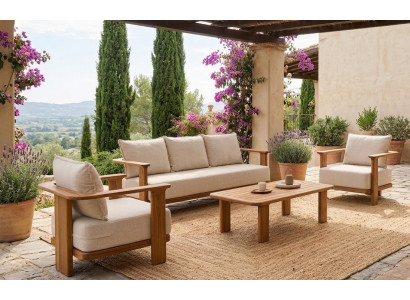 Gartenlounge Set 3-Sitzer sofa Sessel Beige Kissen Couchtisch Holz