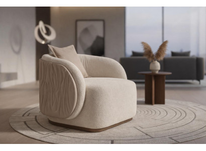 Komfort Sessel Beige Boucle mit Holz Sockel Modern