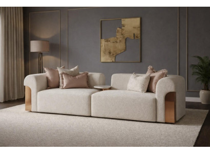 Wohnzimmer Sofa Modular Hellbeige Creme 4 Sitzer Holzdetails Boucle