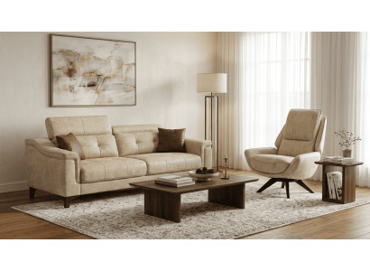 Beiges Wohnzimmer Polster Set Exklusiver 3-Sitzer Stoffsessel 2tlg