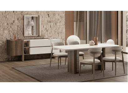 Beige-braunes Esszimmer-Set Esstisch Esszimmerstühle Sideboard Spiegel Modern