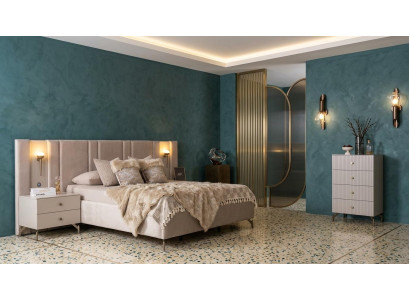 Bett 2x Nachttische Kommode Schlafzimmer Stil modern grau komfortabel