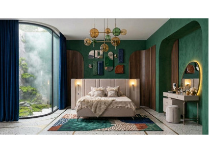 Bett Schminktisch Spiegel Pouf Schlafzimmer Stil modern beige bequem