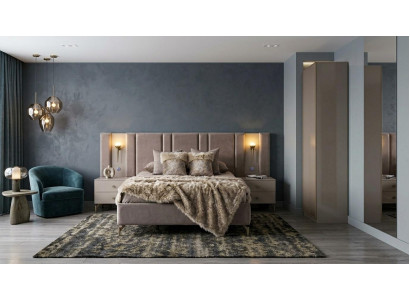 Bett 2x Nachttische Einzelschrank Schlafzimmer Stil modern beige