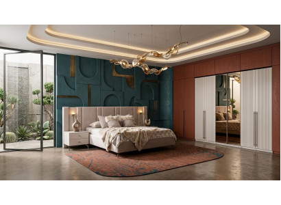 Bett 2x Nachttische Garderobenschrank Schlafzimmer Stil modern beige