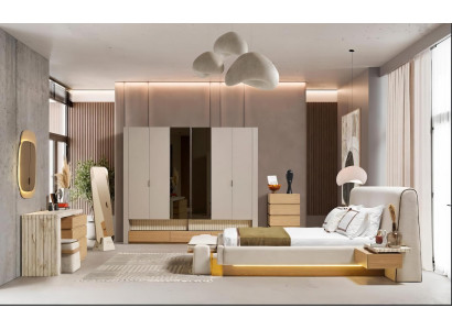 Schlafzimmer Set Bett Schrank Kommode Spiegel Bank Hocker Beige Modern
