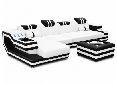 Elegante Ecksofa L-Form weiß Kunstleder mit LED modernes Couchtisch Set