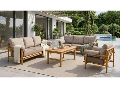 Gartenlounge Set 3-Sitzer Sofa Sessel Grau Couchtisch Holz Modern Neu