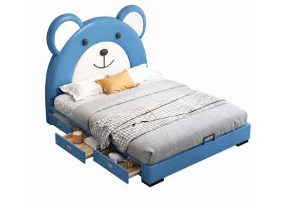 Blaues Kinderbett für Jungen aus Leder mit Teddybär Kindermöbel