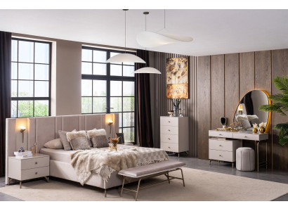 Bett Nachttische Bank Kommode Schminktisch Spiegel Pouf Stil modern beige