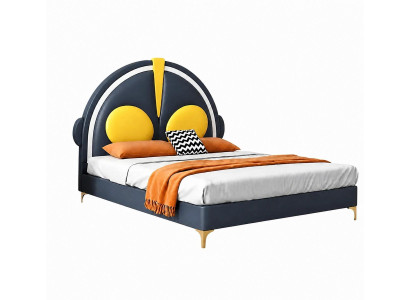 Grau-gelbes Kinderbett aus Leder Jugendbett groß bequem Kindermöbel
